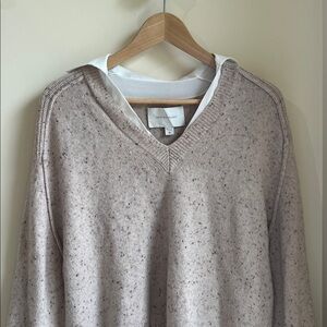 Brochu Walker Beige Speckled Crewneck Sweater with white blouse